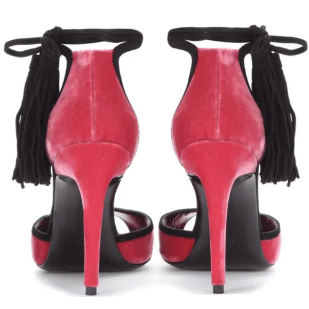 Red Suede Lace UP Fringe Peep Toe Sandals