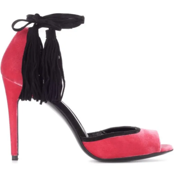 Red Suede Lace UP Fringe Peep Toe Sandals