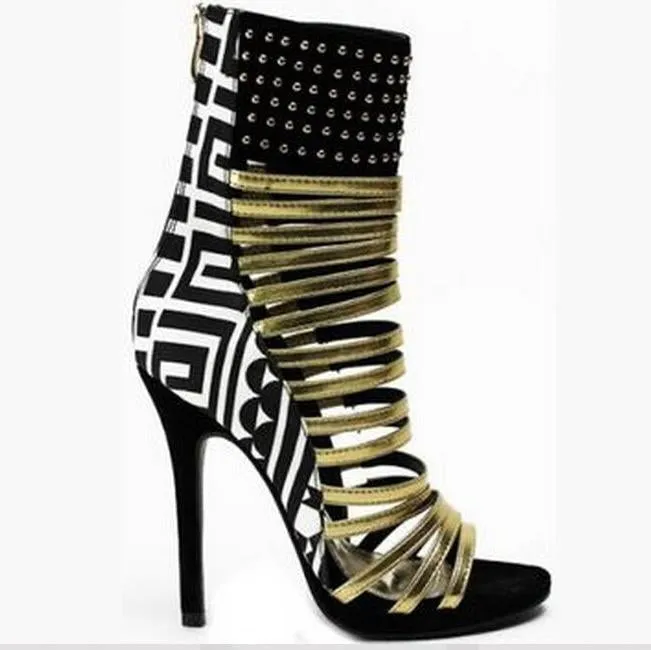 Rivet Cutout Color Block High Heel Sandals