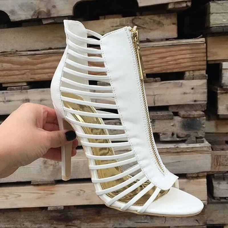 Sexy White Leather Cutout Open Toe High Heel Sandals