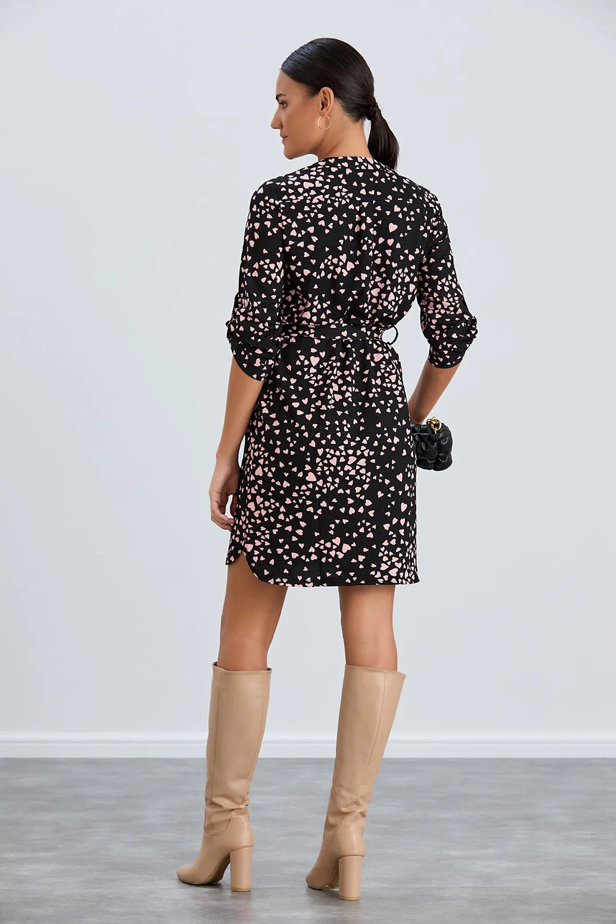 Shirt Mini Dress in Black/Pink heart print