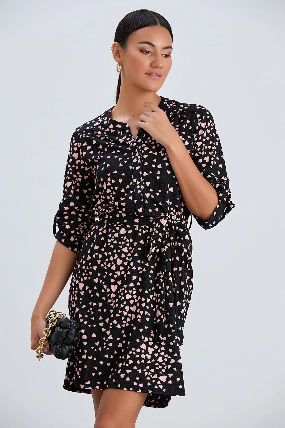 Shirt Mini Dress in Black/Pink heart print