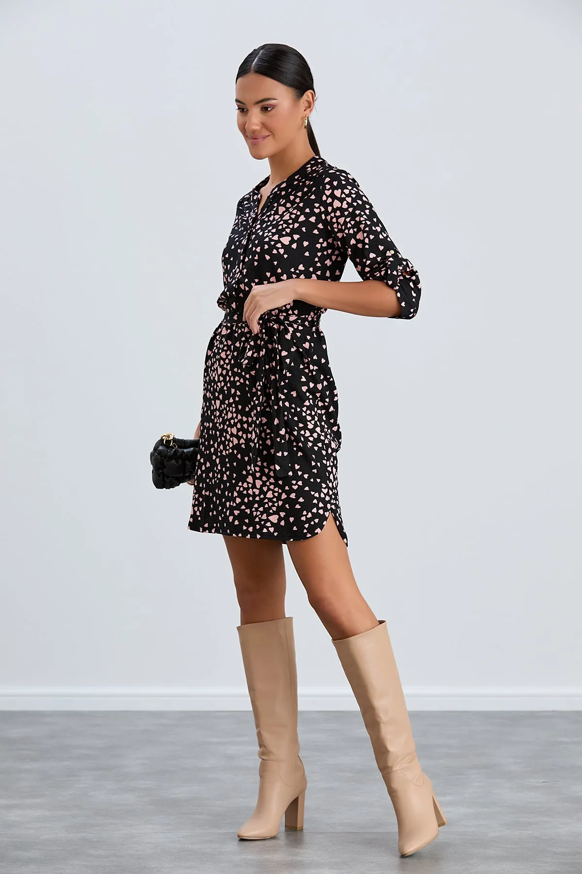 Shirt Mini Dress in Black/Pink heart print