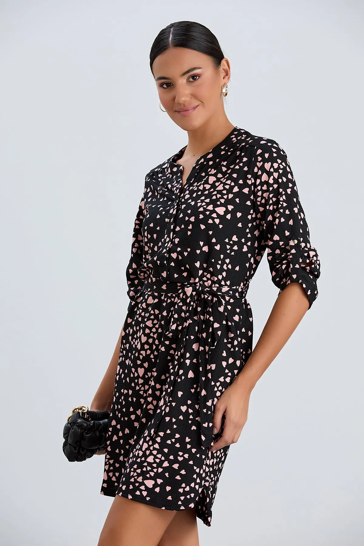 Shirt Mini Dress in Black/Pink heart print