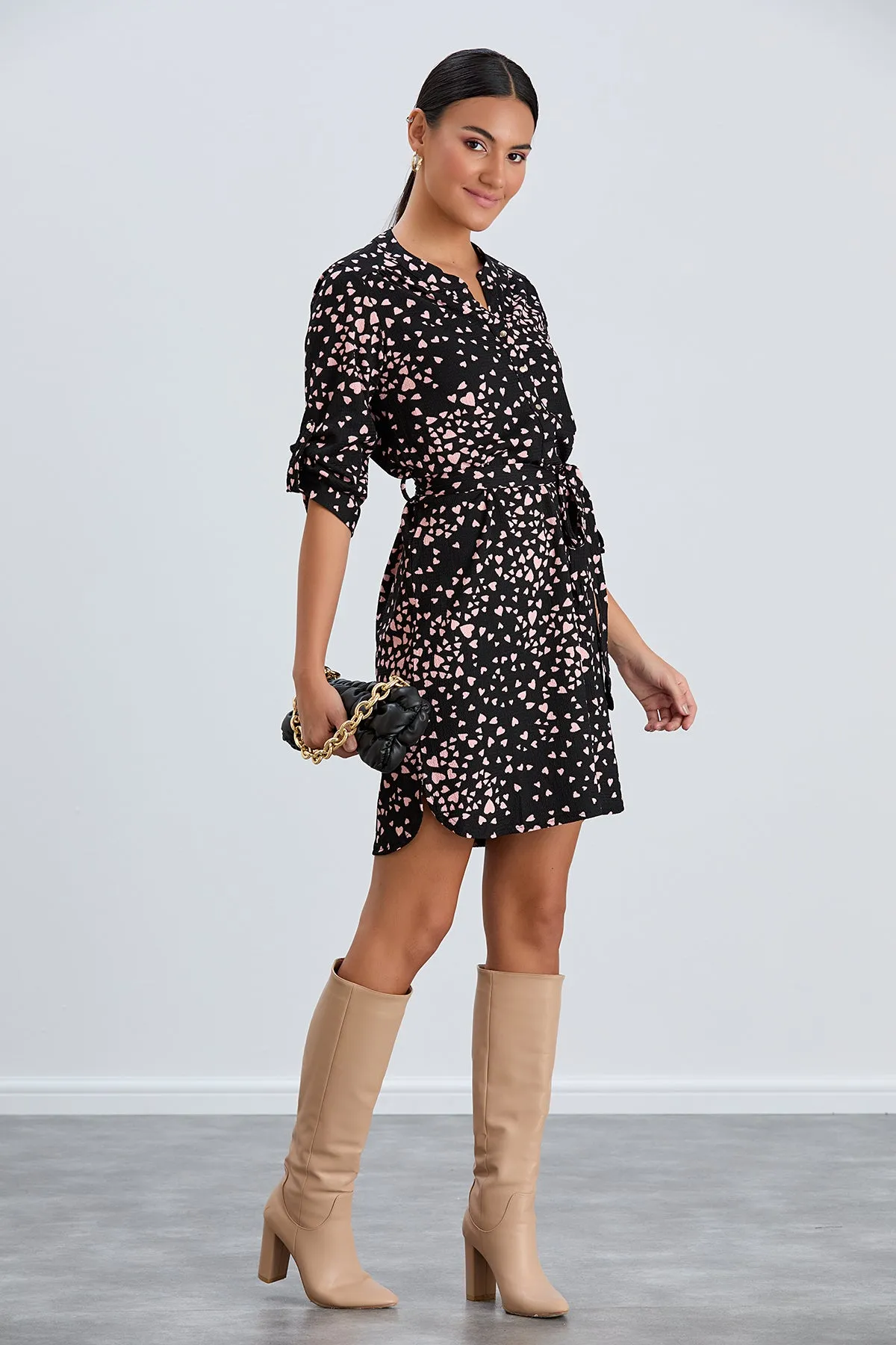 Shirt Mini Dress in Black/Pink heart print
