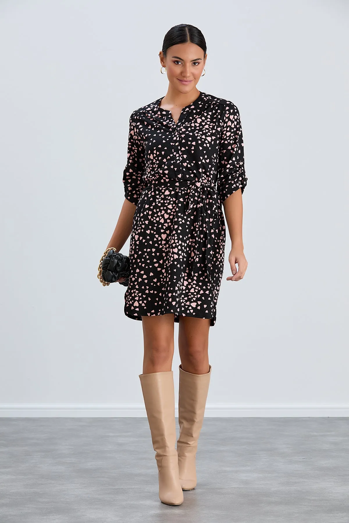 Shirt Mini Dress in Black/Pink heart print