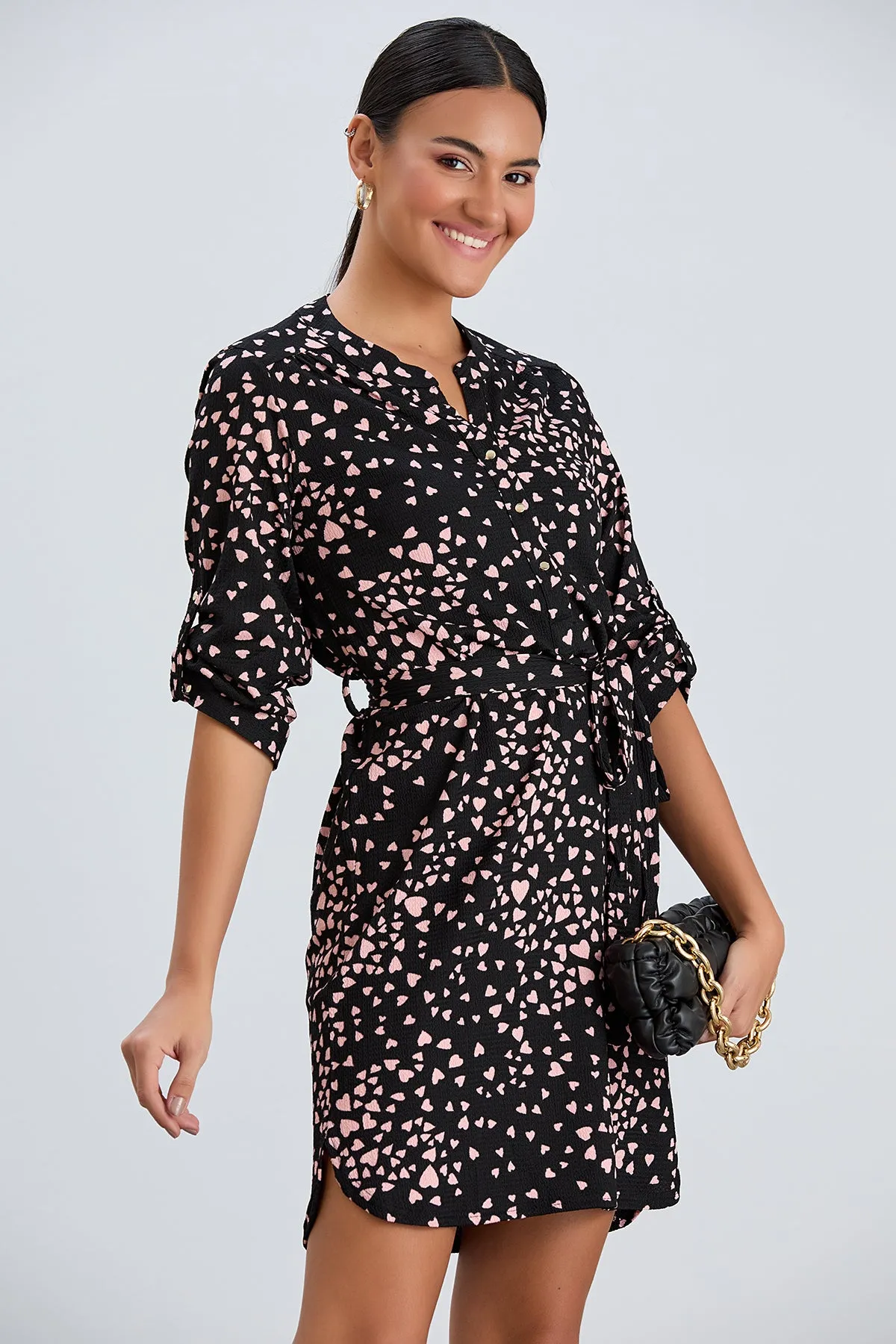 Shirt Mini Dress in Black/Pink heart print