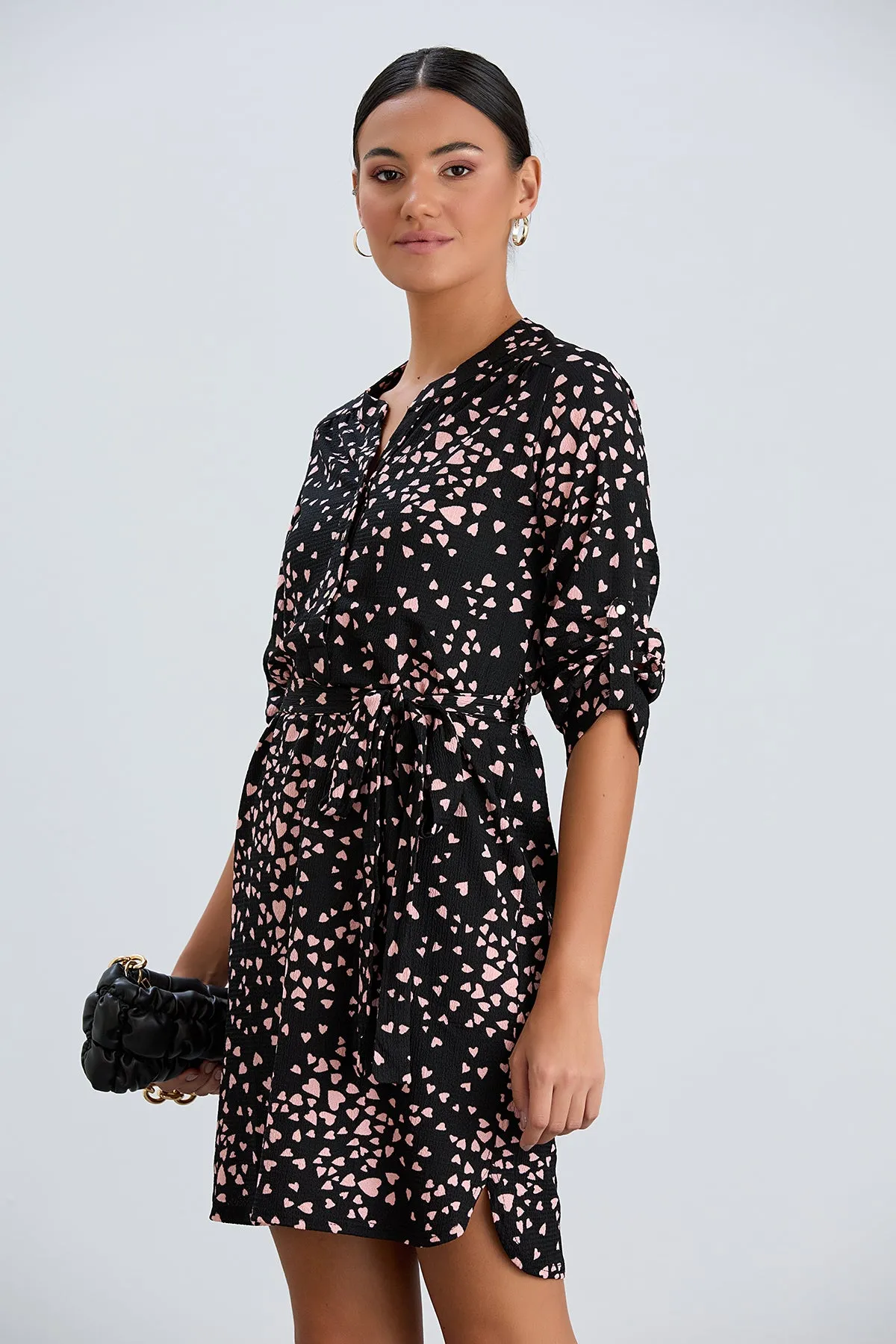 Shirt Mini Dress in Black/Pink heart print
