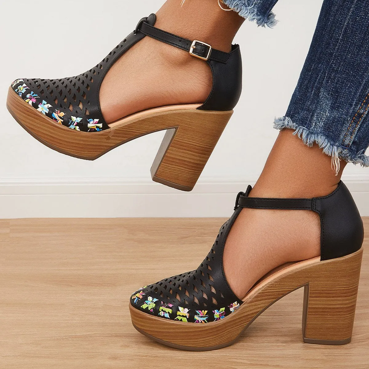 Sohiwoo  Women Platform Block Chunky High Heels Ankle T-Strap Cutout Sandals