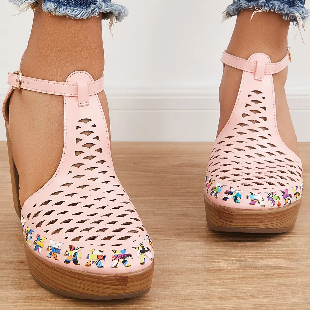 Sohiwoo  Women Platform Block Chunky High Heels Ankle T-Strap Cutout Sandals