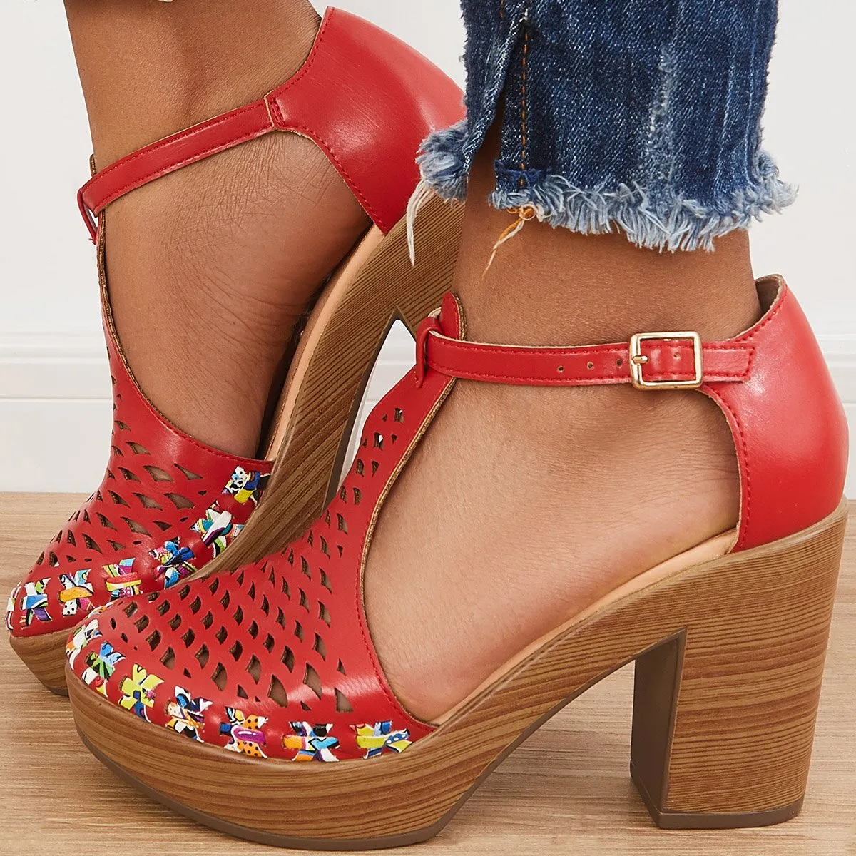 Sohiwoo  Women Platform Block Chunky High Heels Ankle T-Strap Cutout Sandals