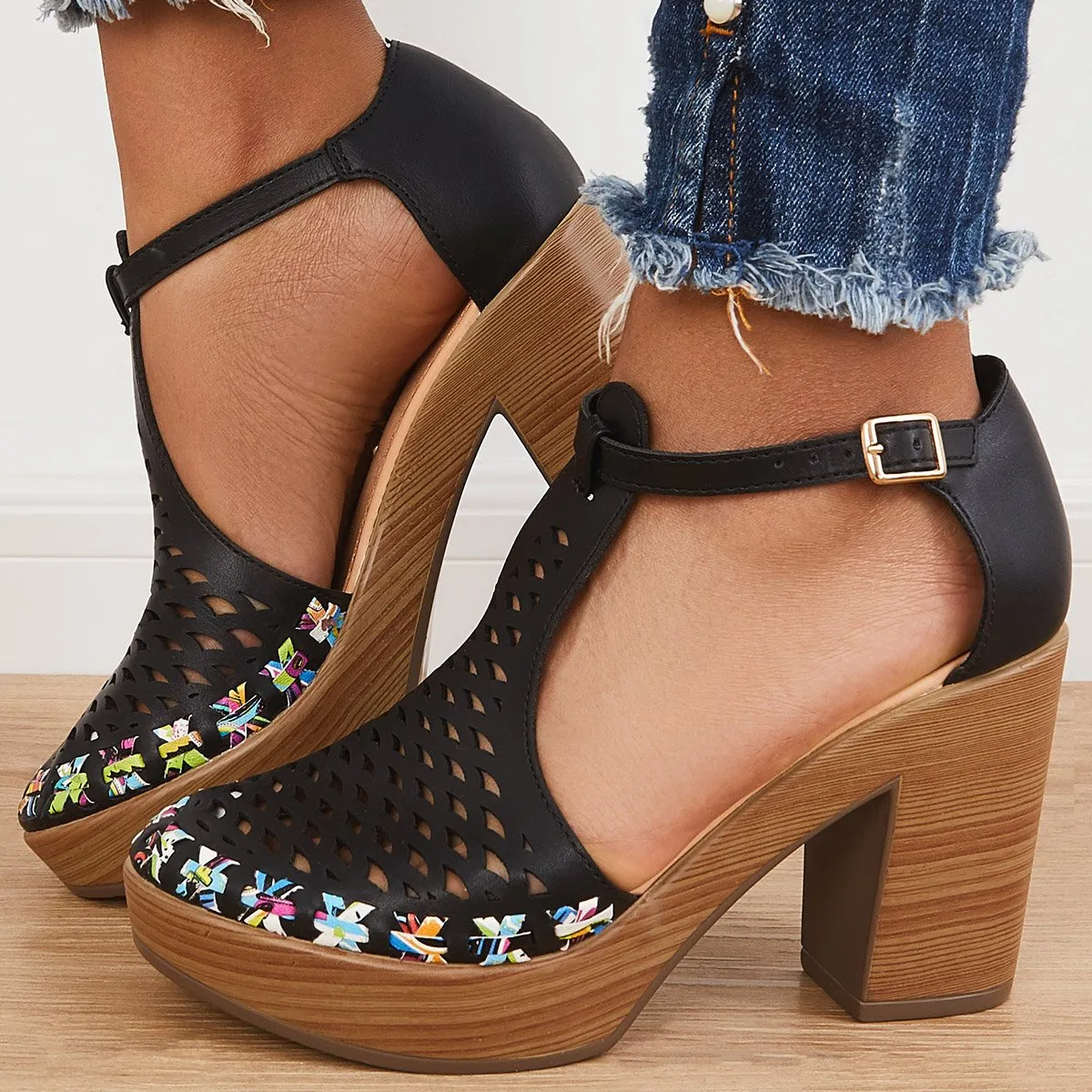 Sohiwoo  Women Platform Block Chunky High Heels Ankle T-Strap Cutout Sandals