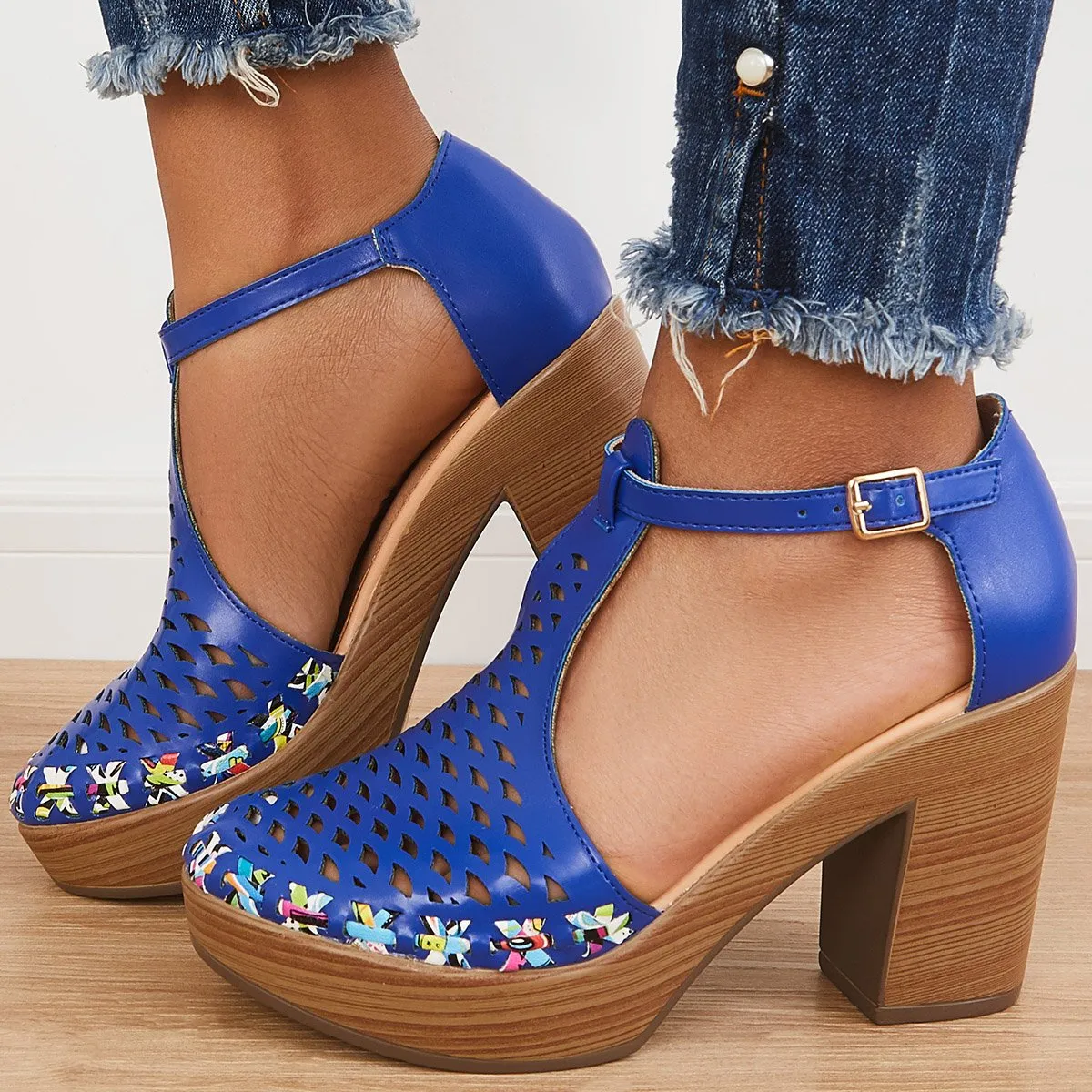 Sohiwoo  Women Platform Block Chunky High Heels Ankle T-Strap Cutout Sandals