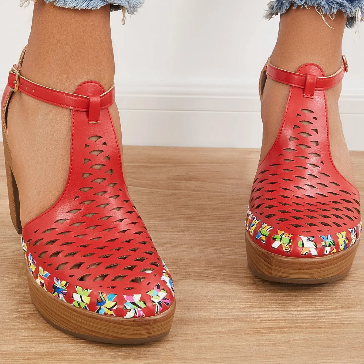 Sohiwoo  Women Platform Block Chunky High Heels Ankle T-Strap Cutout Sandals