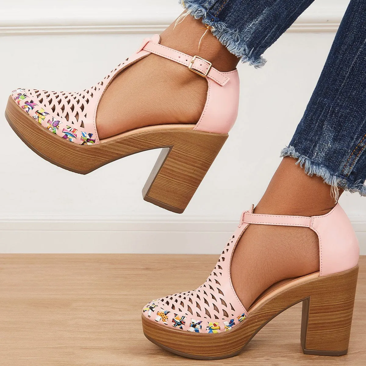 Sohiwoo  Women Platform Block Chunky High Heels Ankle T-Strap Cutout Sandals