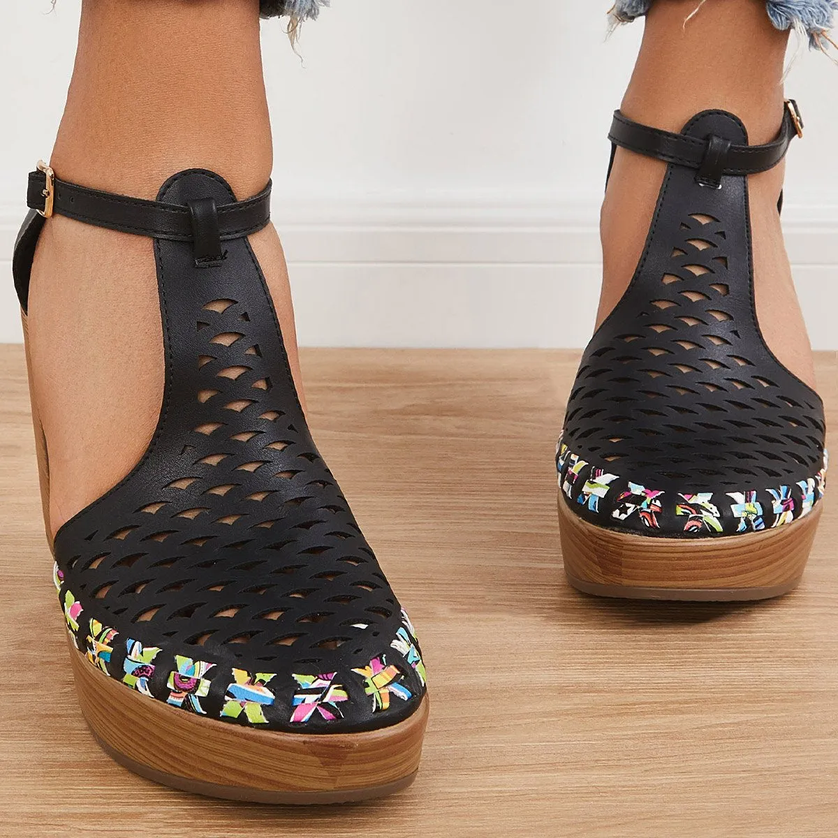Sohiwoo  Women Platform Block Chunky High Heels Ankle T-Strap Cutout Sandals