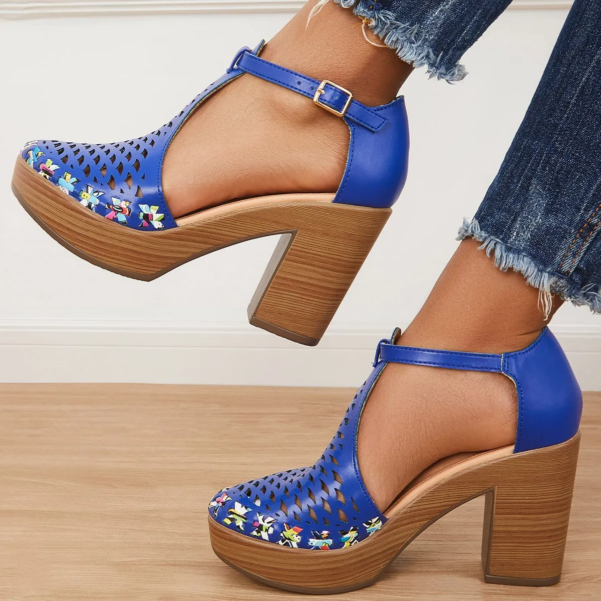 Sohiwoo  Women Platform Block Chunky High Heels Ankle T-Strap Cutout Sandals