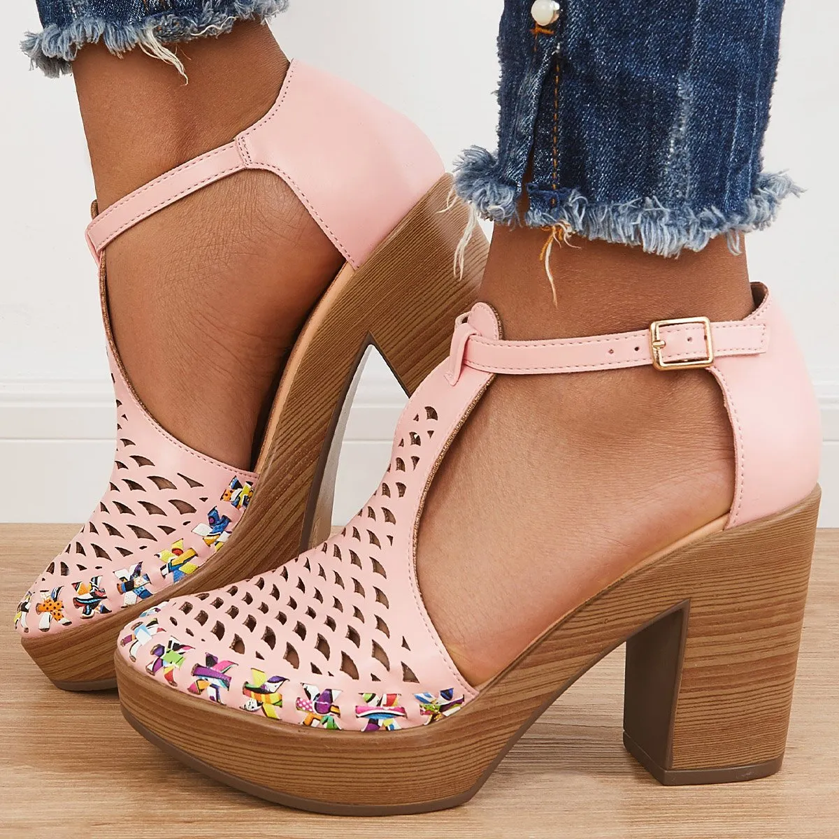 Sohiwoo  Women Platform Block Chunky High Heels Ankle T-Strap Cutout Sandals