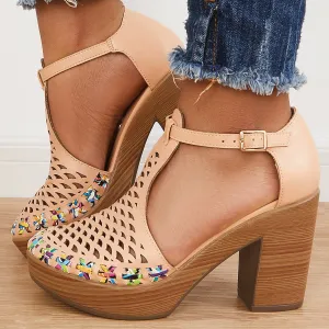 Sohiwoo  Women Platform Block Chunky High Heels Ankle T-Strap Cutout Sandals