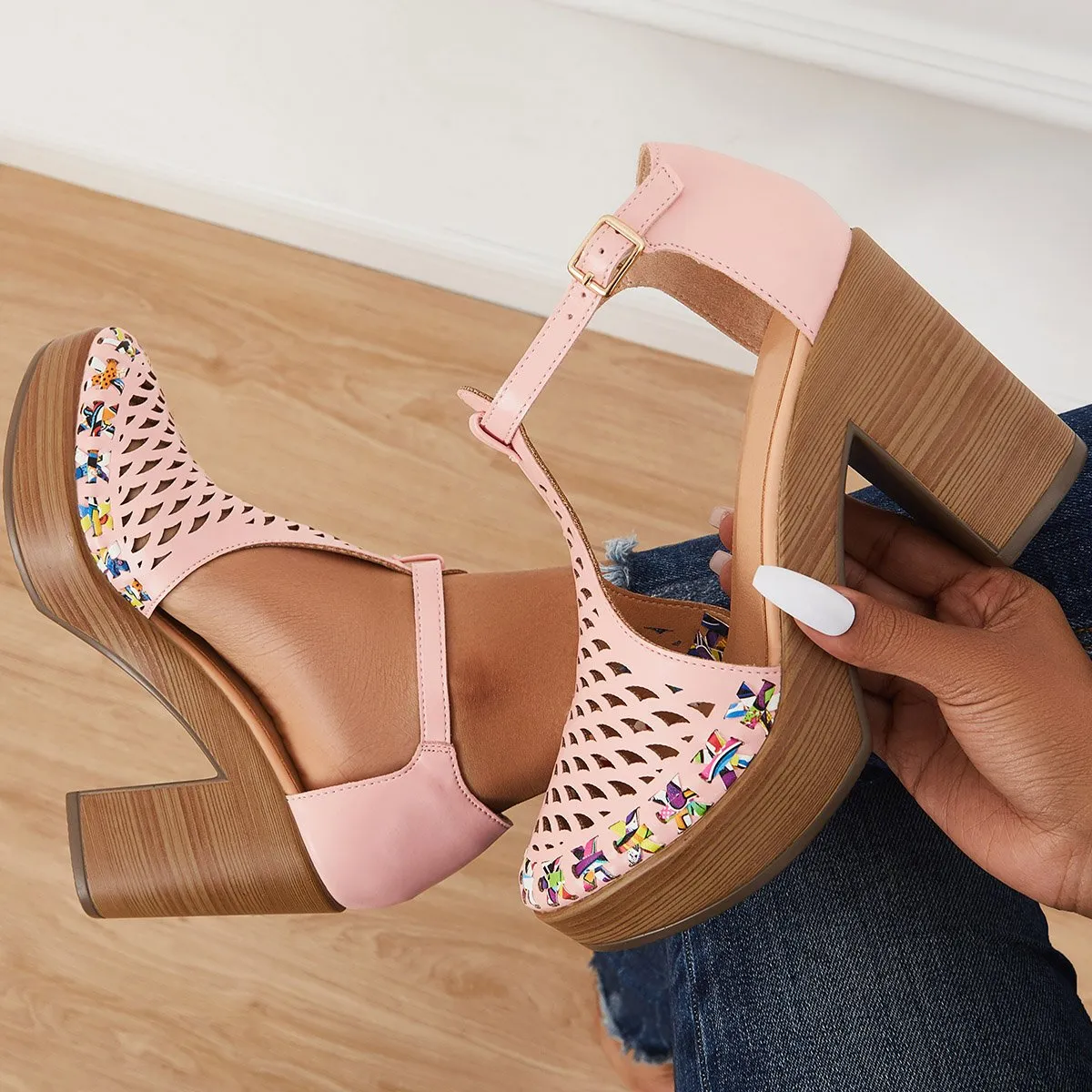 Sohiwoo  Women Platform Block Chunky High Heels Ankle T-Strap Cutout Sandals