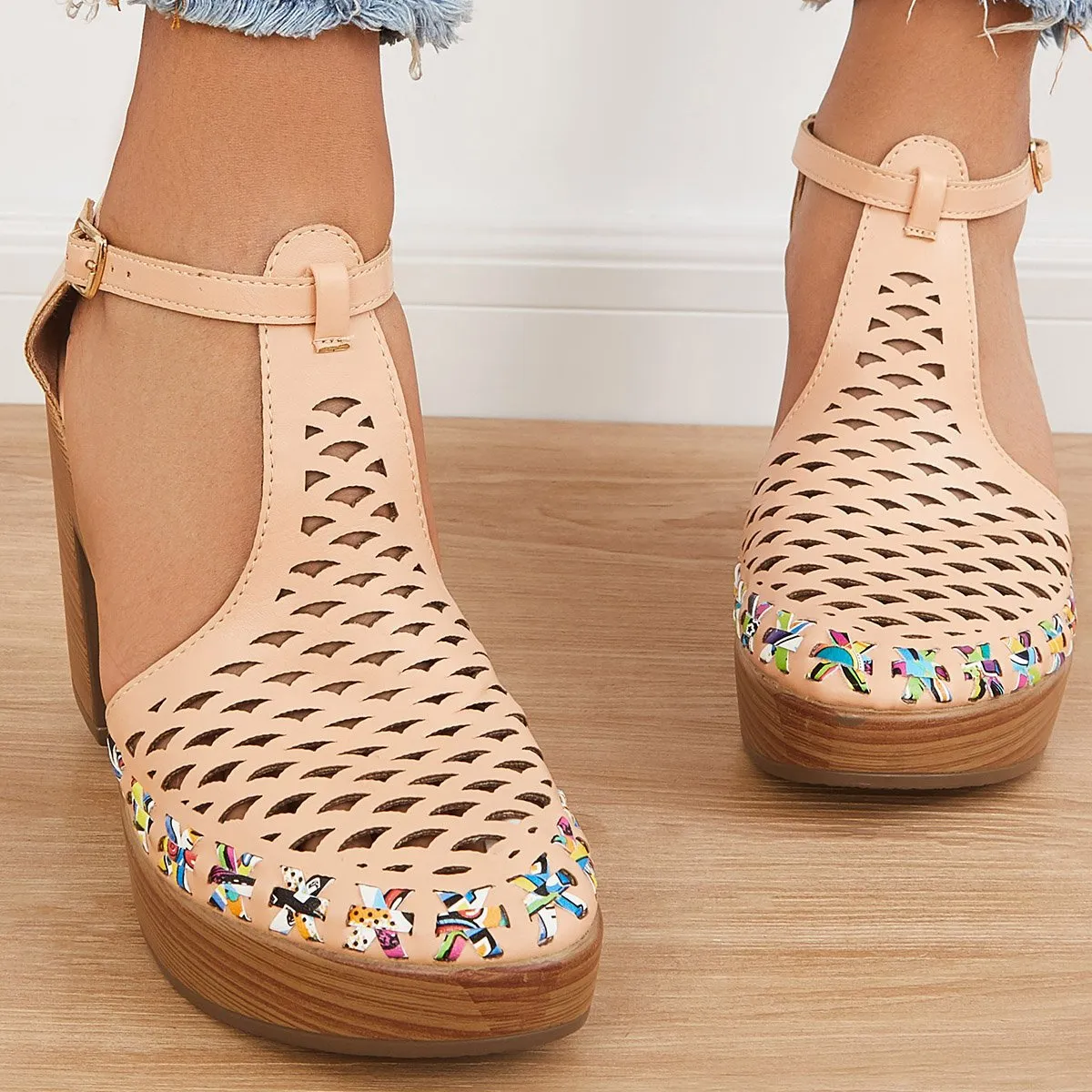 Sohiwoo  Women Platform Block Chunky High Heels Ankle T-Strap Cutout Sandals