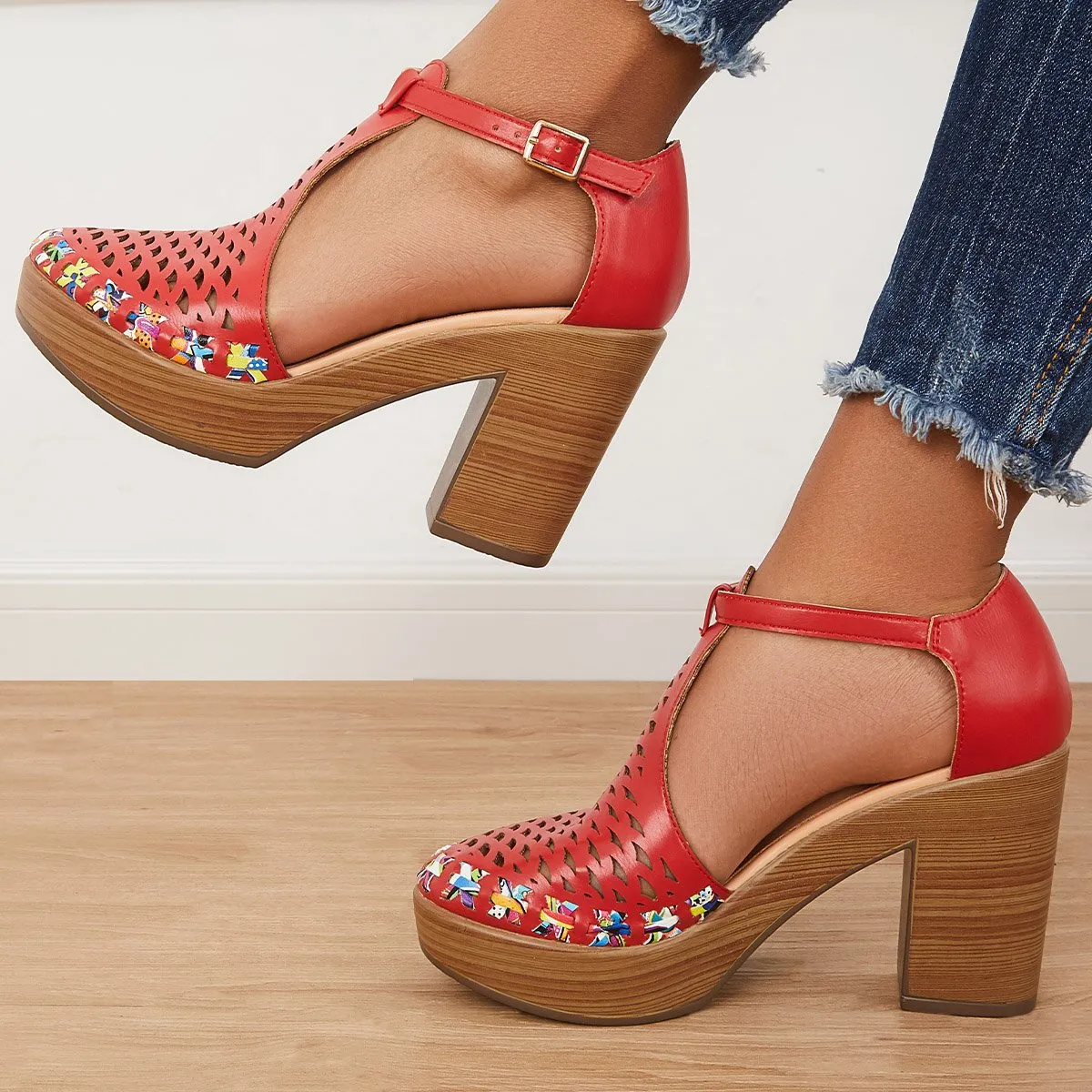 Sohiwoo  Women Platform Block Chunky High Heels Ankle T-Strap Cutout Sandals