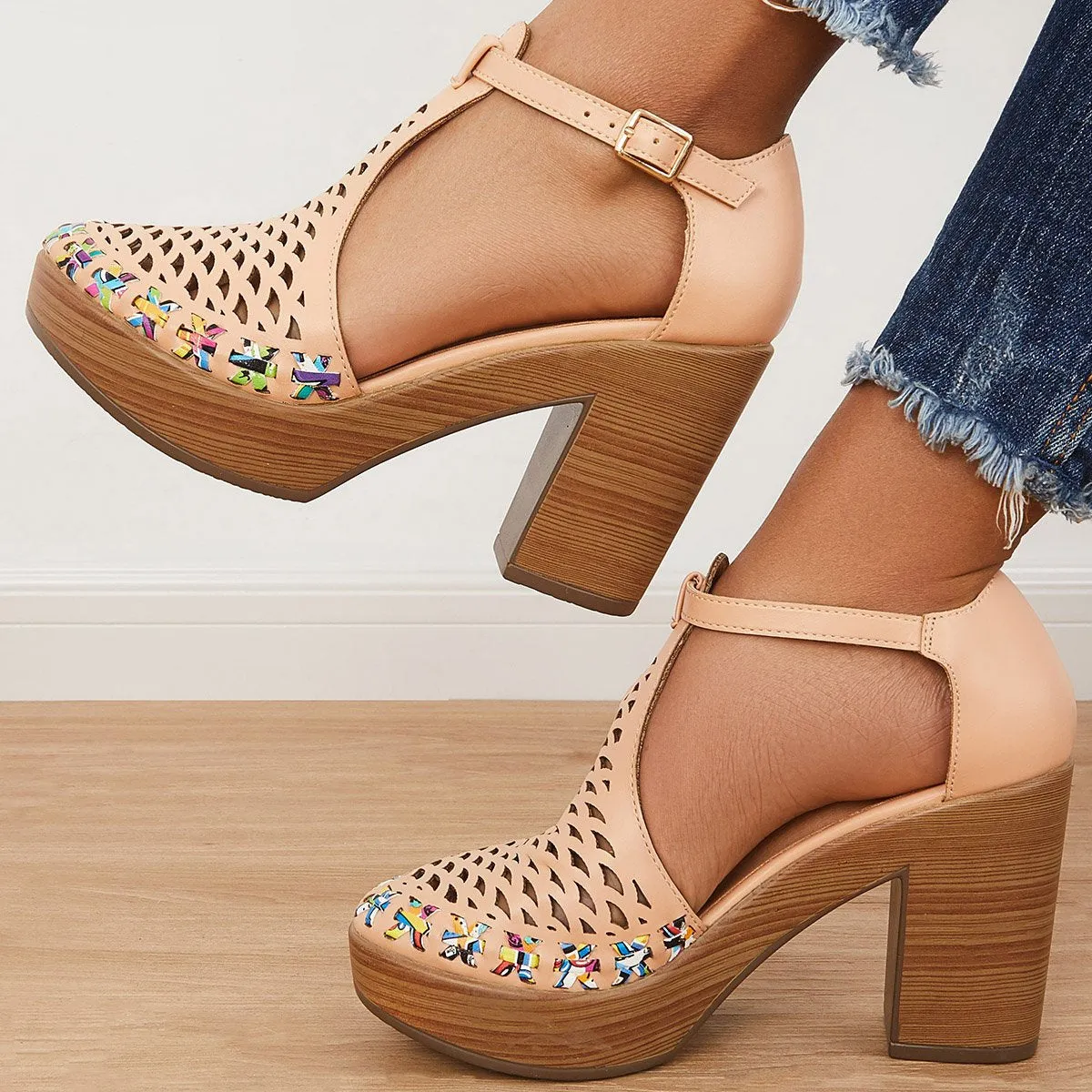 Sohiwoo  Women Platform Block Chunky High Heels Ankle T-Strap Cutout Sandals