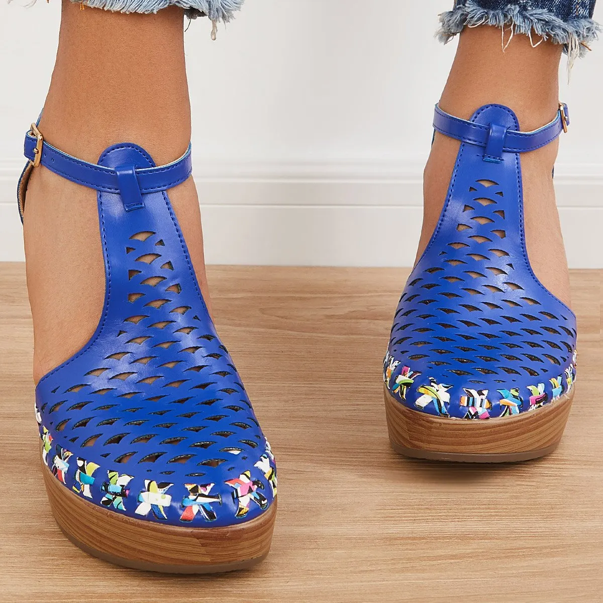 Sohiwoo  Women Platform Block Chunky High Heels Ankle T-Strap Cutout Sandals