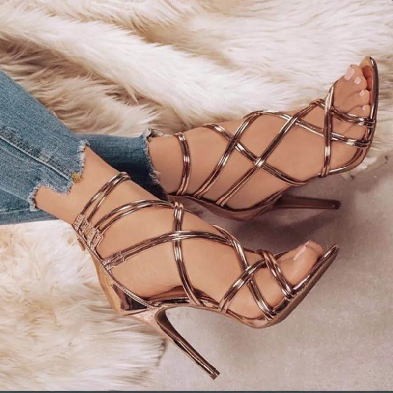 Stiletto High Heel Open Toe Metallic Sandals