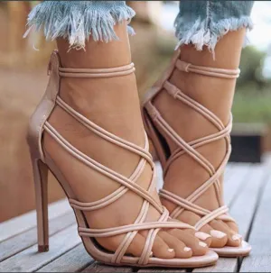 Stiletto High Heel Open Toe Metallic Sandals