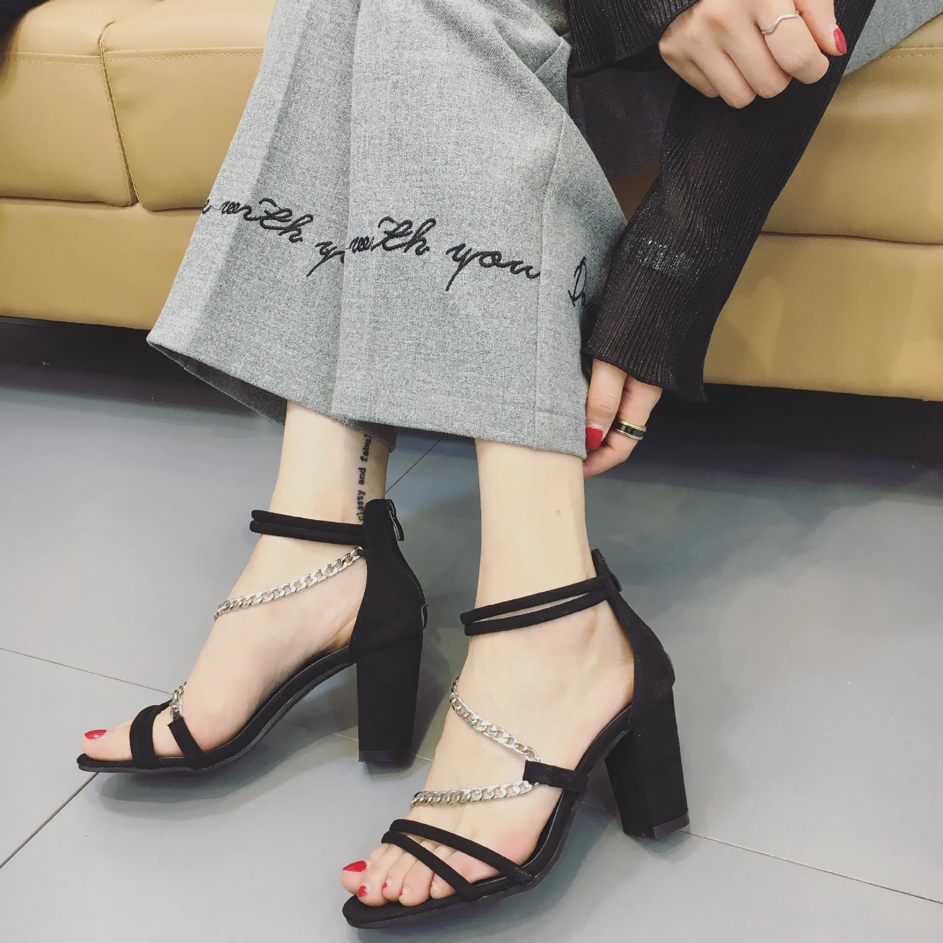 Strap Wraps Ankle Wrap Back Zipper Chunky Heels Sandals