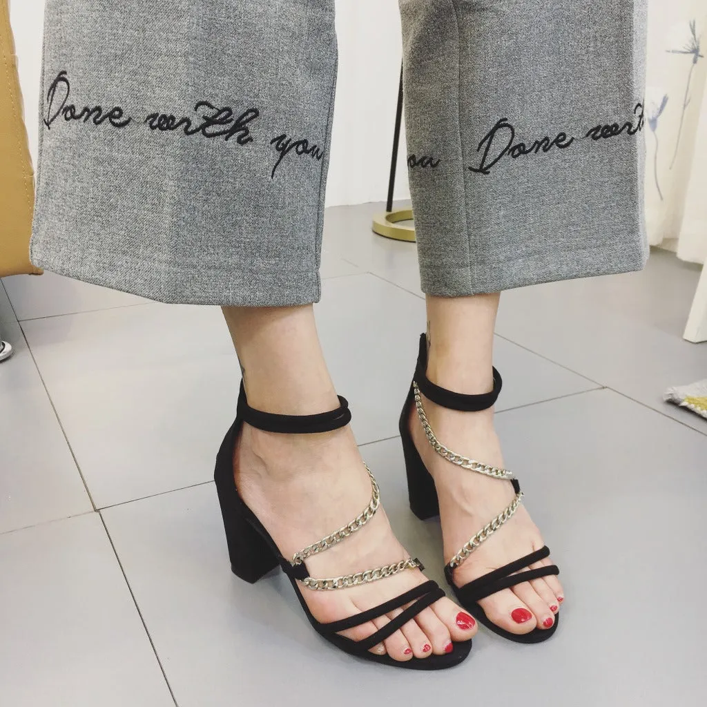 Strap Wraps Ankle Wrap Back Zipper Chunky Heels Sandals