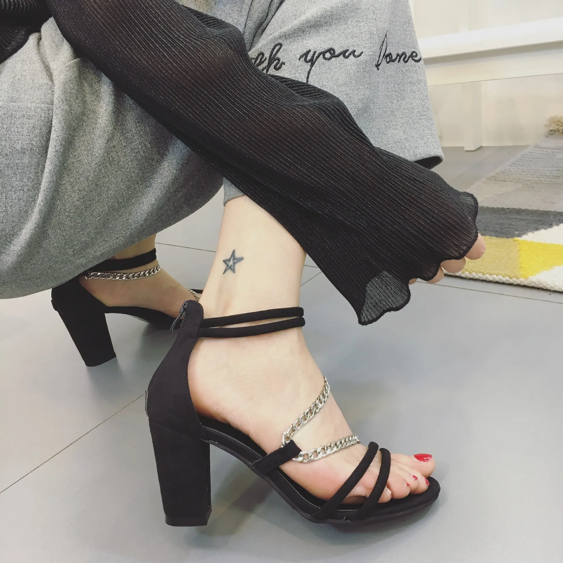 Strap Wraps Ankle Wrap Back Zipper Chunky Heels Sandals