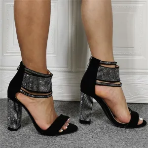 Summer Black Rhinestone Open Toe Chunky Heel Sandals