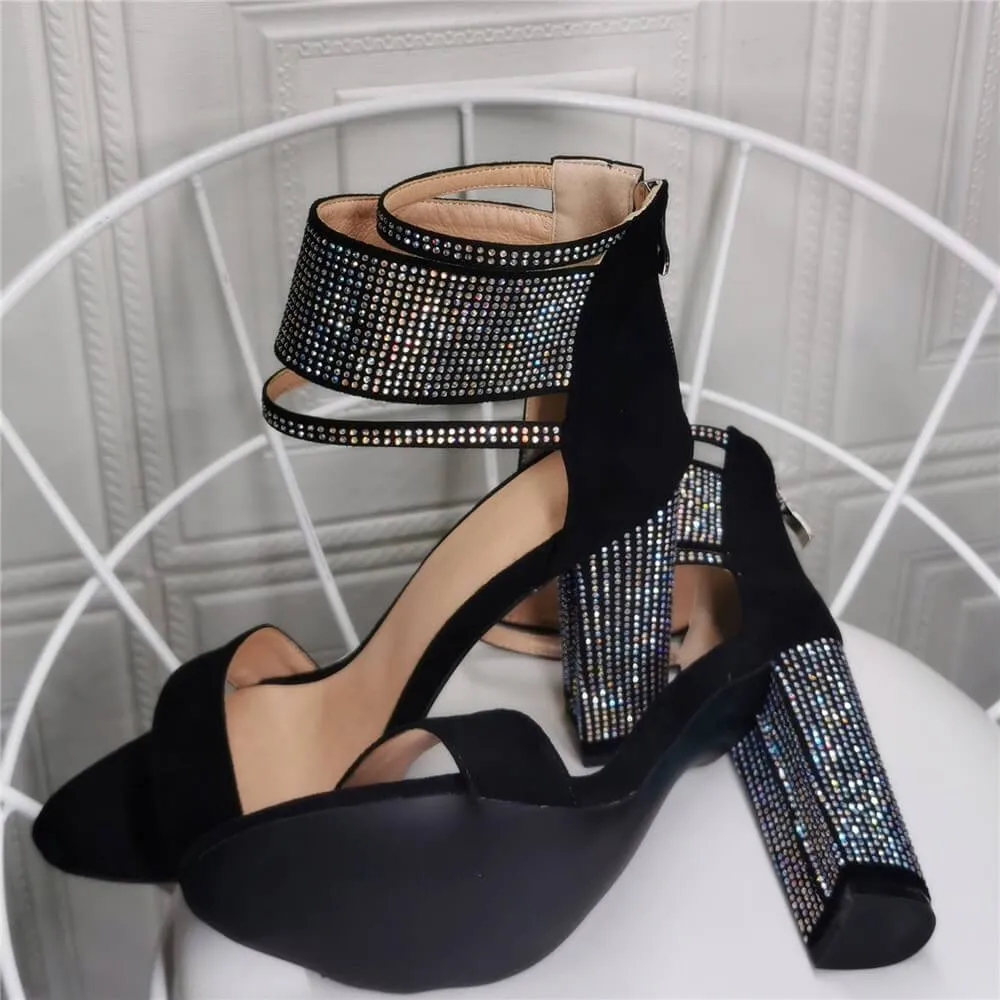 Summer Black Rhinestone Open Toe Chunky Heel Sandals