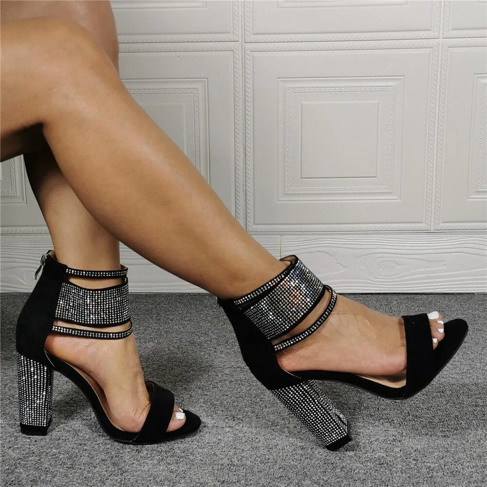 Summer Black Rhinestone Open Toe Chunky Heel Sandals