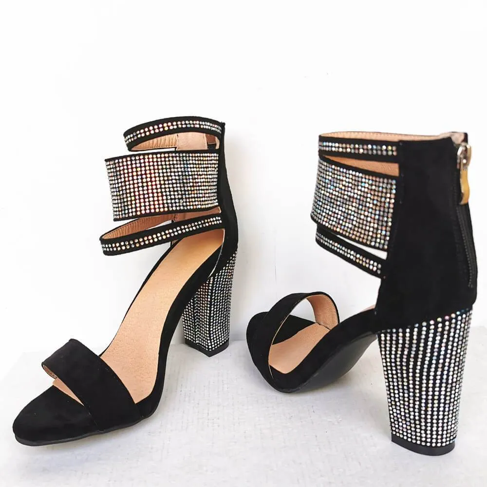 Summer Black Rhinestone Open Toe Chunky Heel Sandals