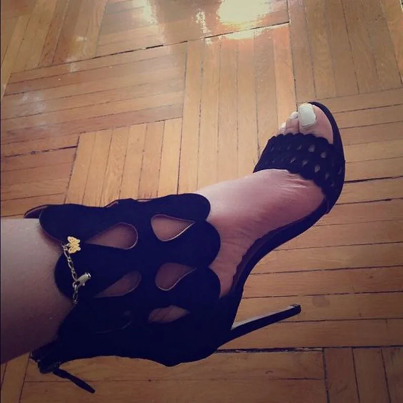Summer Black Suede Cutout Open Toe High Heel Sandals