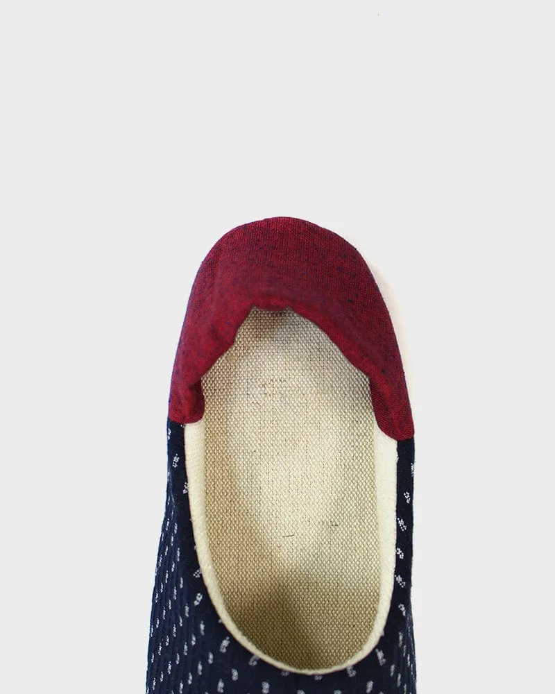 ToK Women's Babouche, Indigo Dash Kasuri with Red Heel