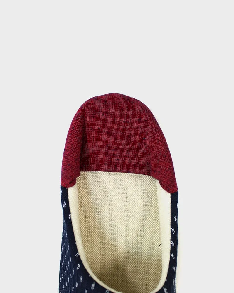 ToK Women's Babouche, Indigo Dash Kasuri with Red Heel