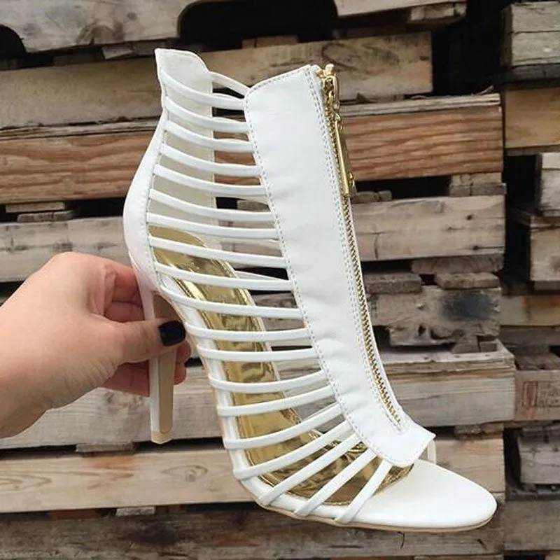 White Leather Cutout Zipper High Heel Sandals