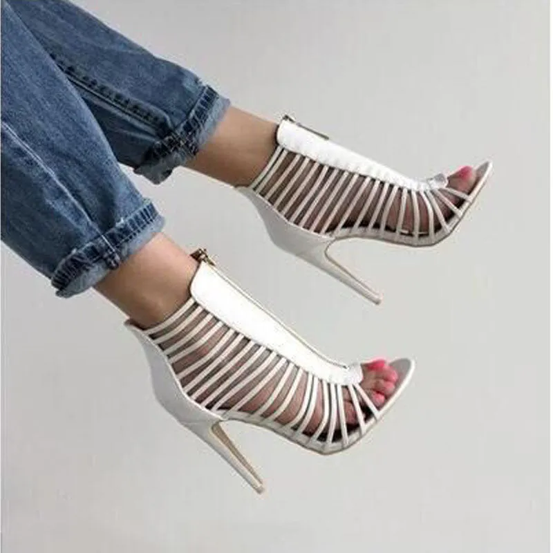 White Leather Cutout Zipper High Heel Sandals