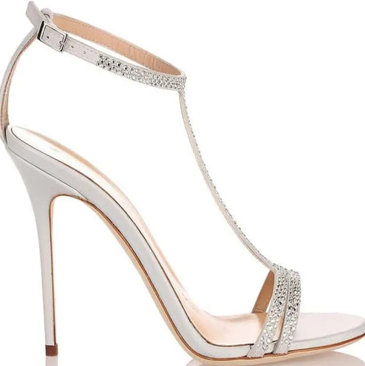 White Rhinestone Buckle High Heel Sandals