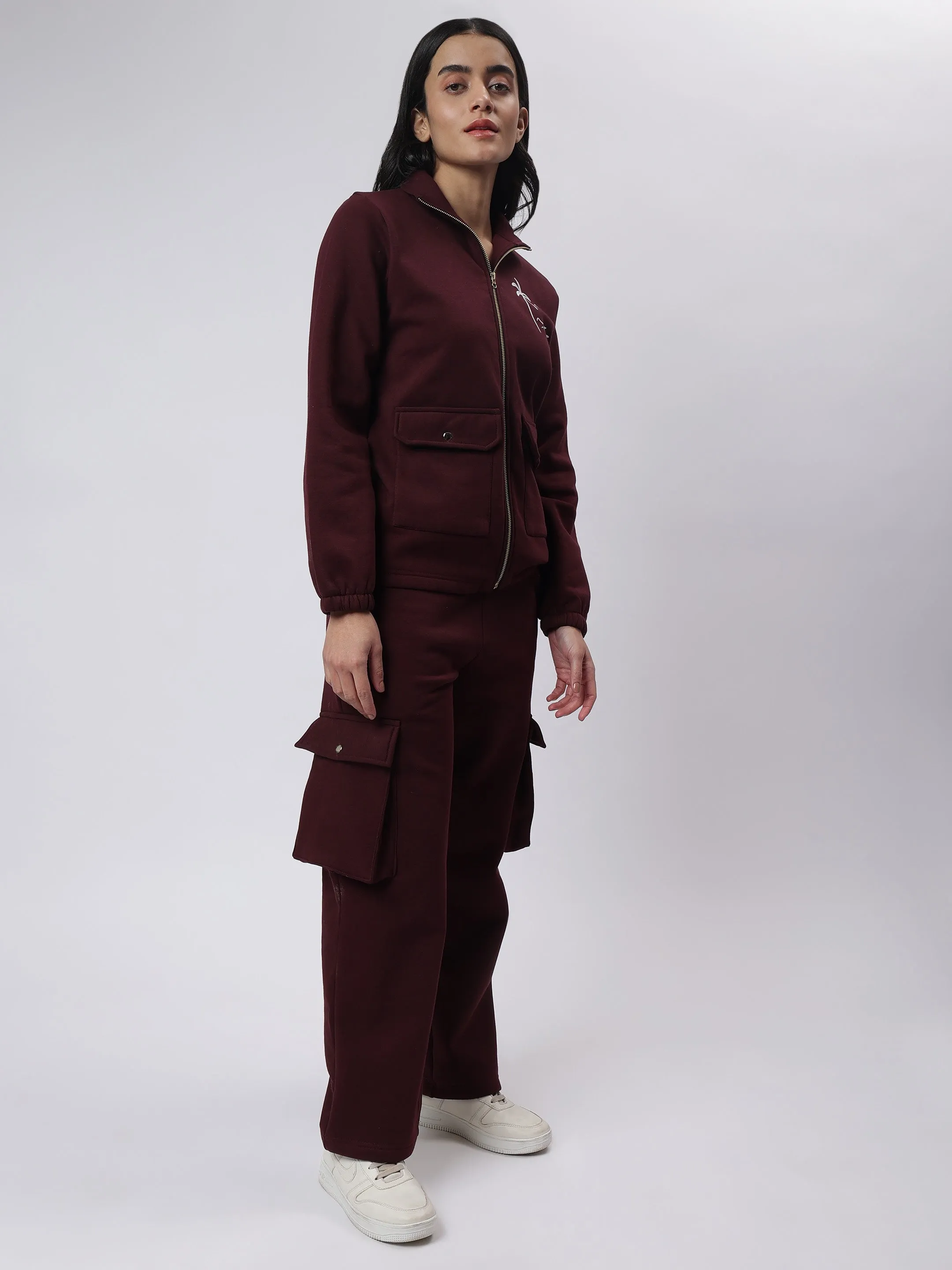 Wine Co-Ord Set with Trendy Multi-Pocket Detailing