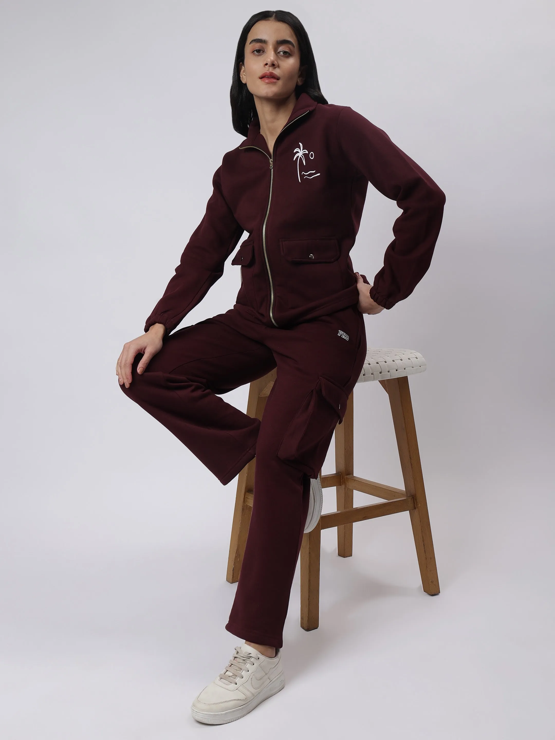 Wine Co-Ord Set with Trendy Multi-Pocket Detailing