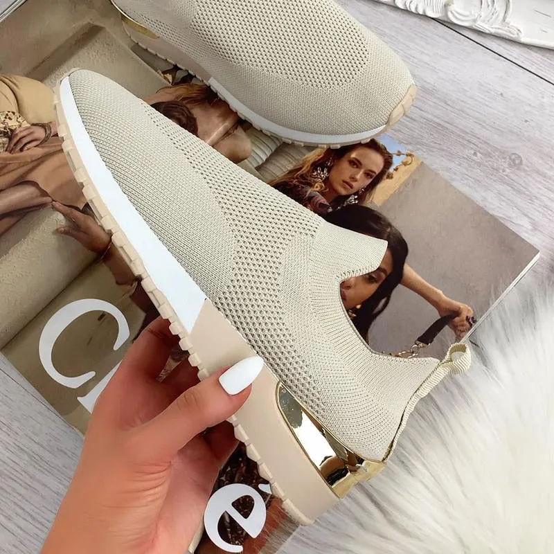 Women Elastic Slip-on Flat Shoes Mesh Upper Breathable Sneakers
