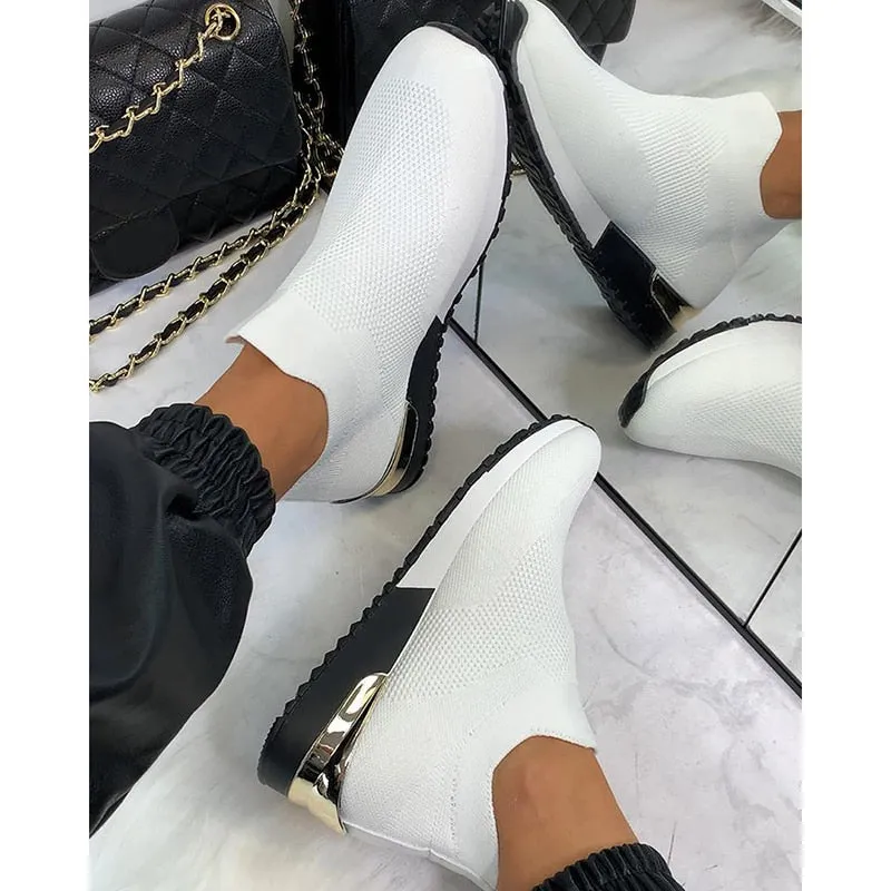Women Elastic Slip-on Flat Shoes Mesh Upper Breathable Sneakers