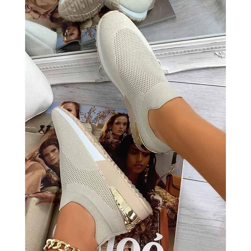 Women Elastic Slip-on Flat Shoes Mesh Upper Breathable Sneakers