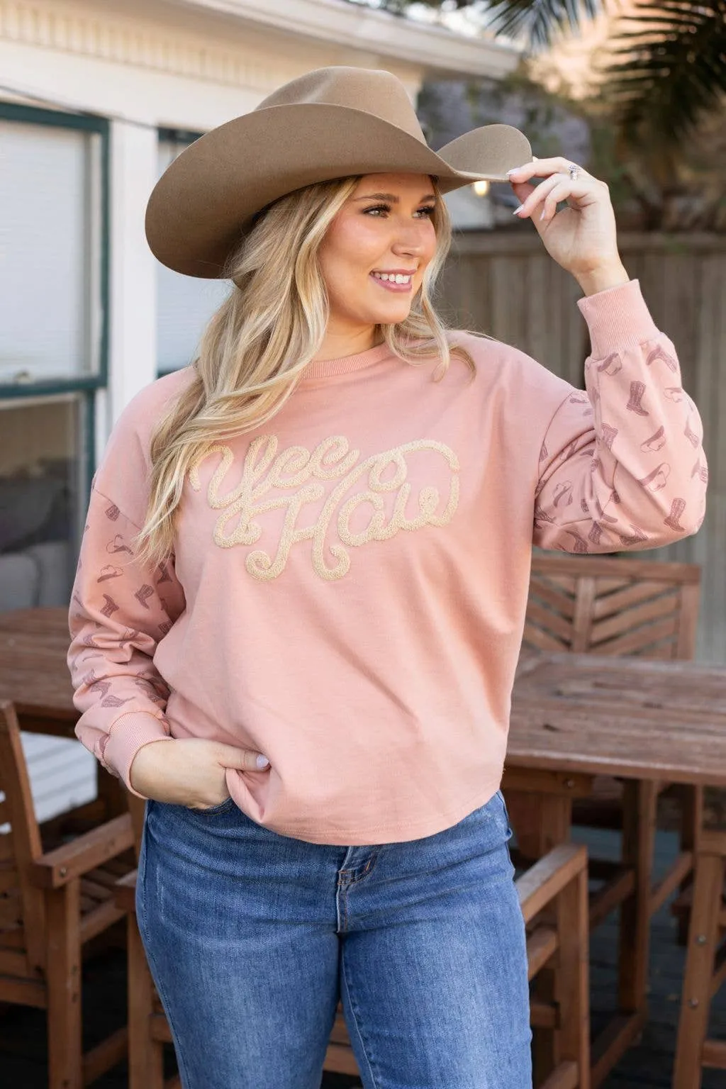 Yee Haw Blush Pink Pullover: Pink / XL